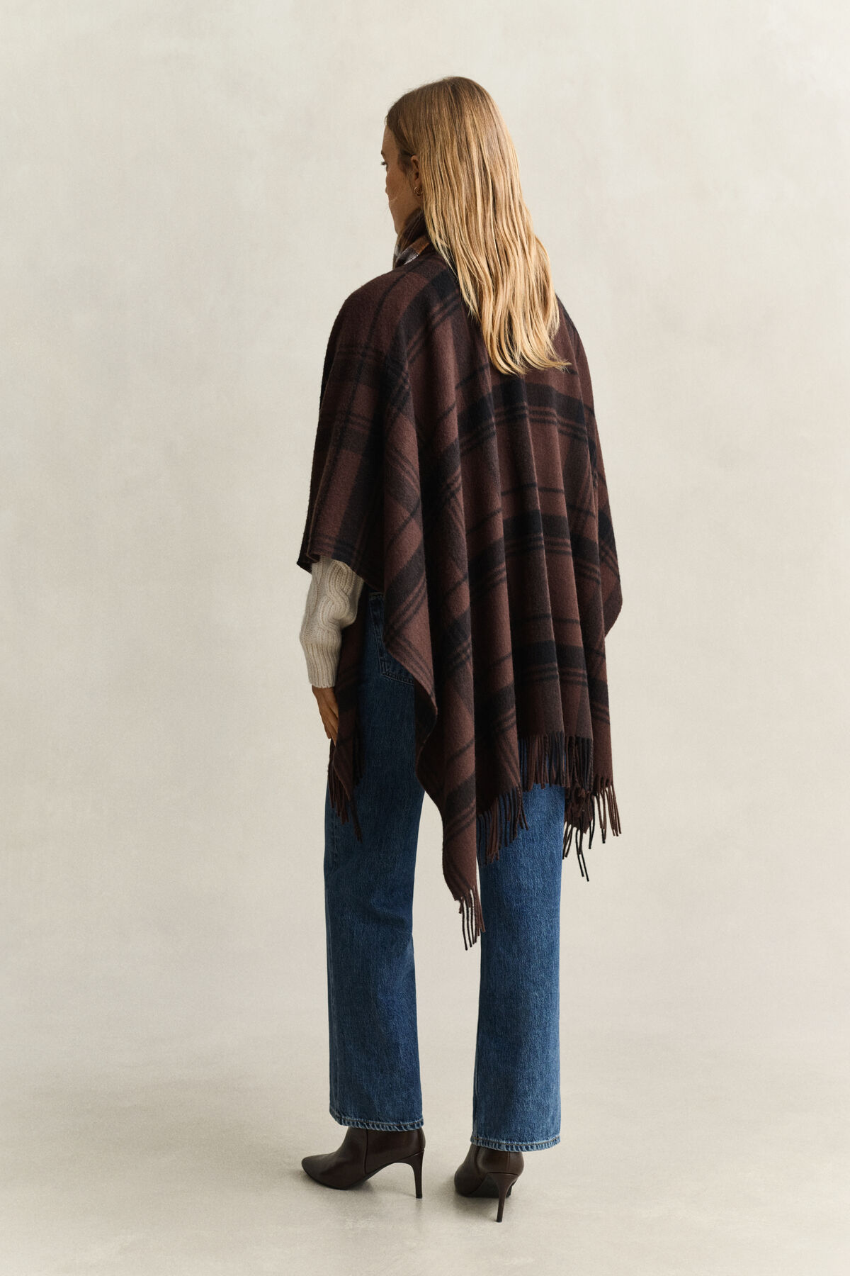 Checked Wool Poncho — DEEP BROWN