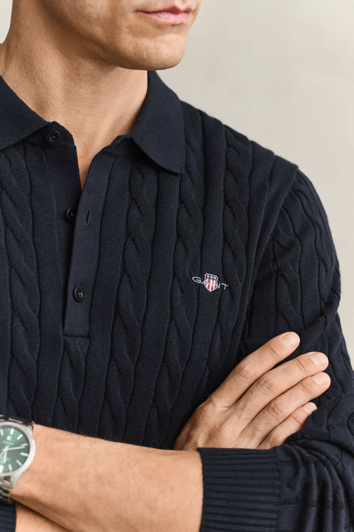 Cotton Cable Knit Polo Sweater — EVENING BLUE