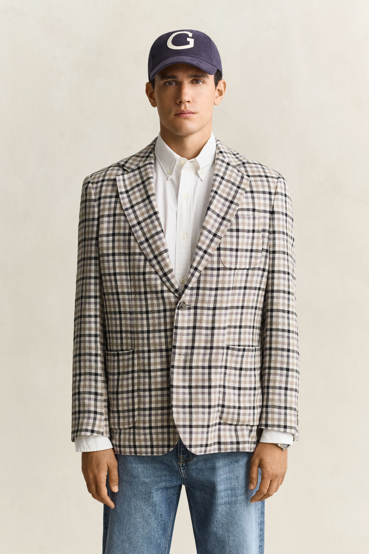 Wool Linen Check Blazer — CREAM