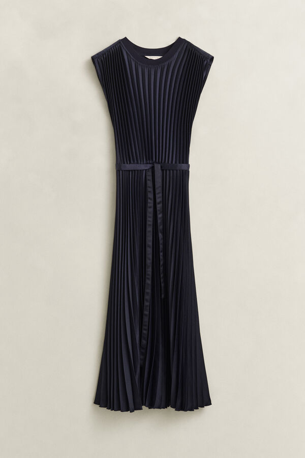 Pleated Belted Dress — EVENING BLUE