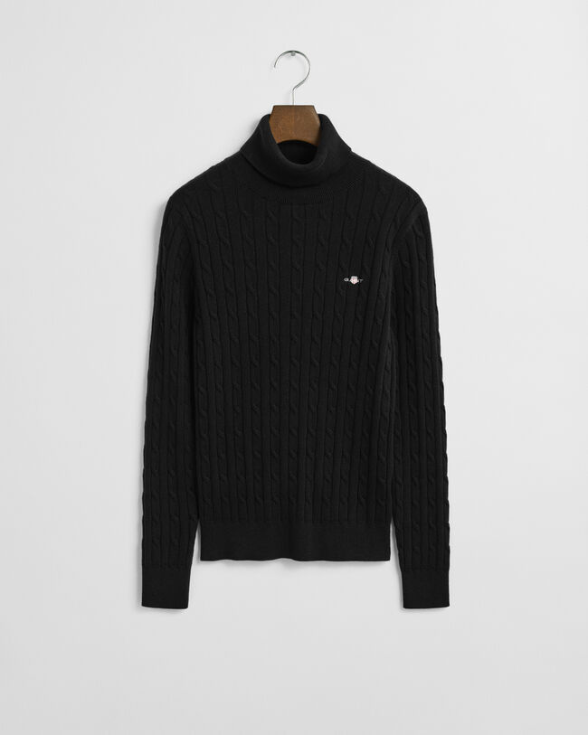 Stretch Cotton Cable Knit Turtleneck Sweater