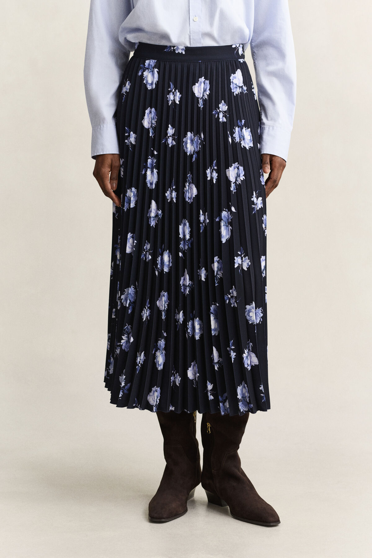 Floral Print Pleated Skirt — EVENING BLUE