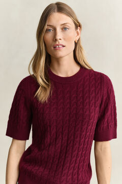 Wool Cashmere Cable Knit Short Sleeve Sweater — DARKENED WINE 3