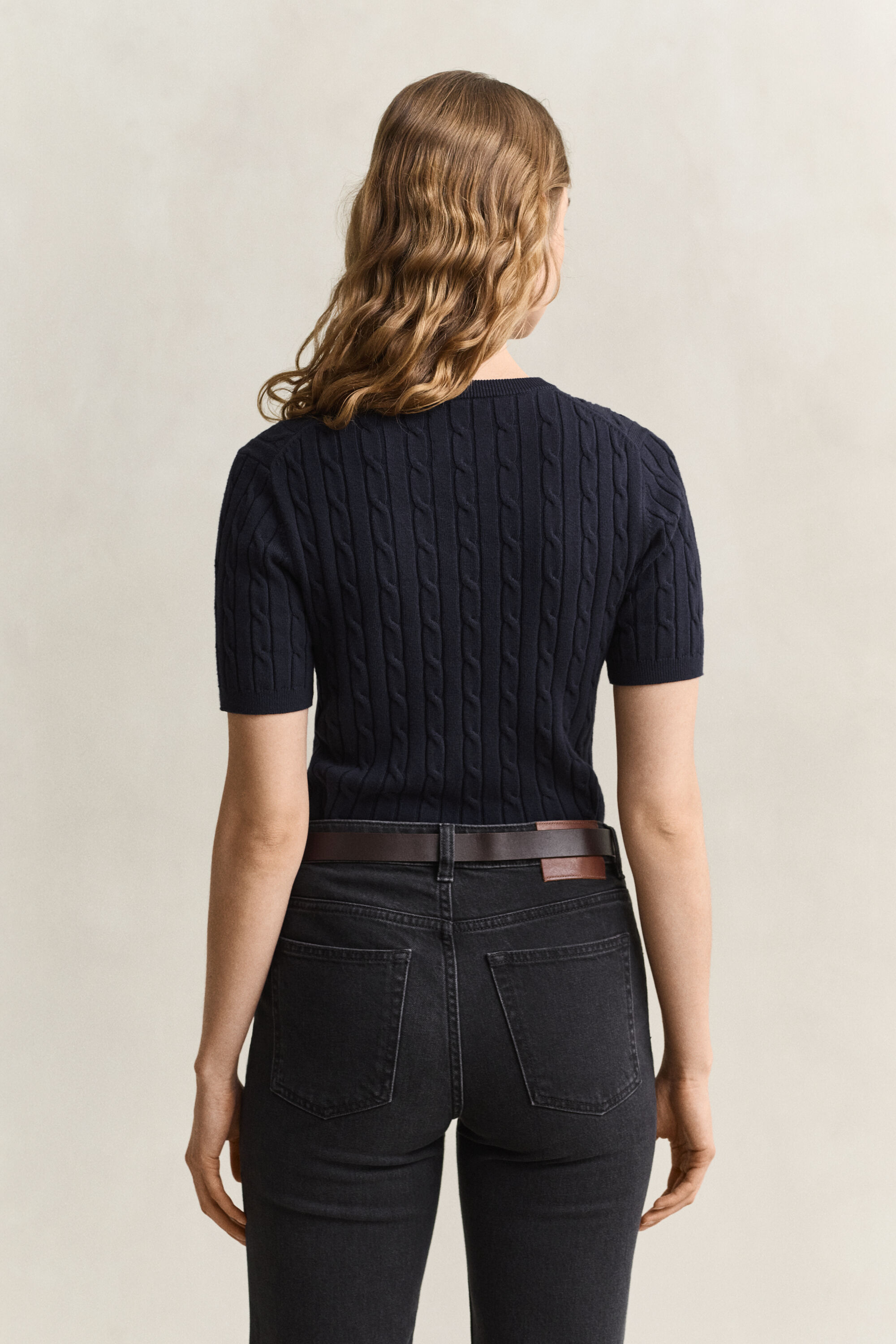 Stretch Cotton Cable Knit Short Sleeve Sweater