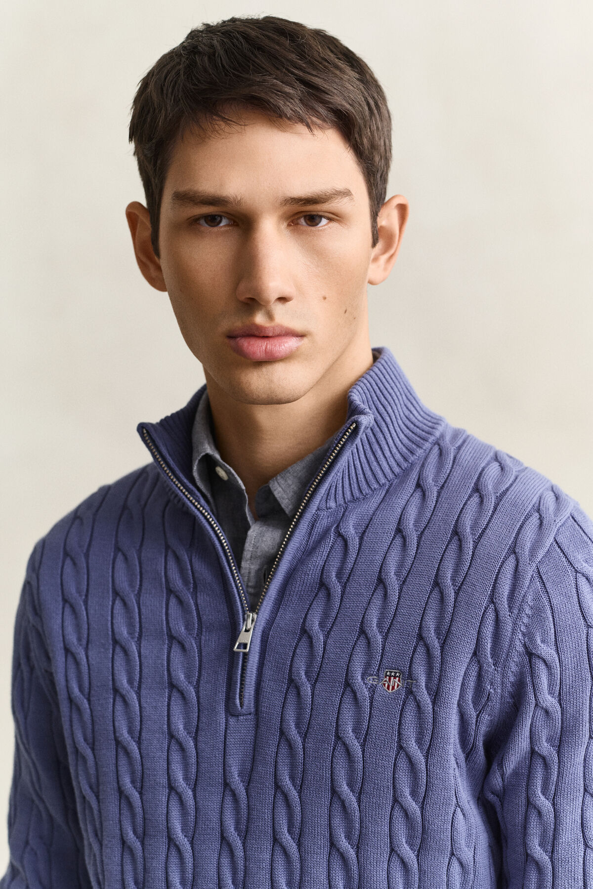 Cotton Cable Knit Half-Zip Sweater — BLUE HORIZON