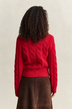 Wool Blend Cable Knit Cardigan — RUBY RED 2