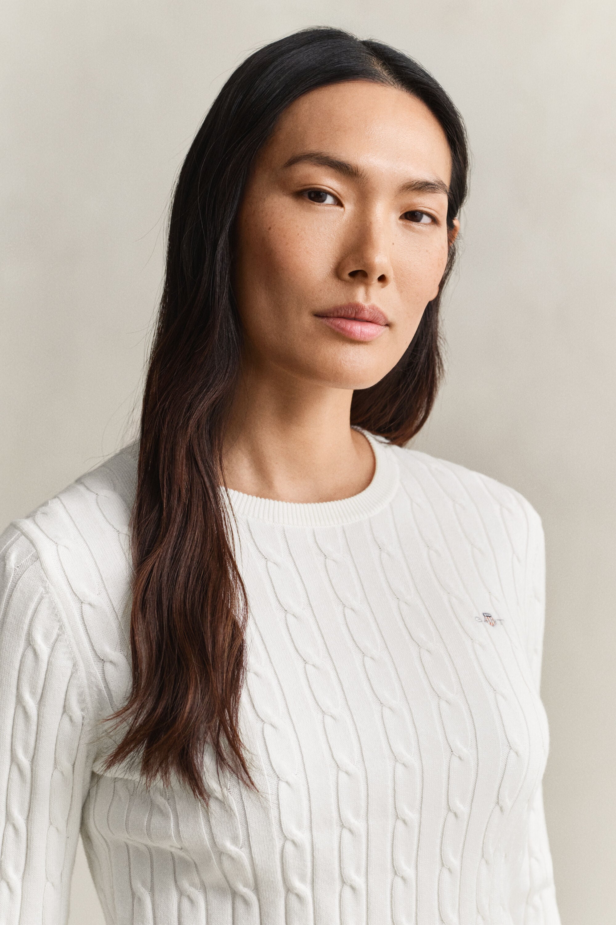Stretch Cotton Cable Knit Crew Neck Sweater