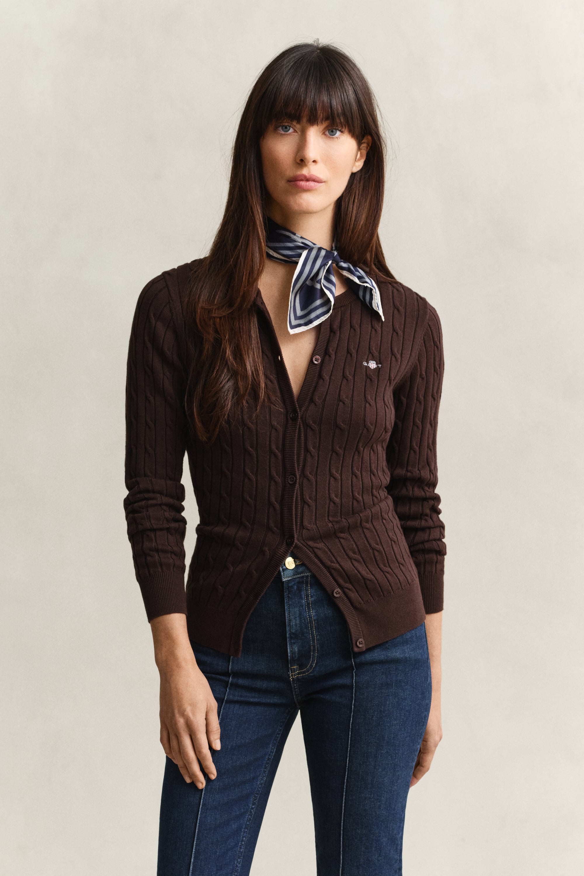 Gant Stretch Cotton Cable Knit Cardigan In Brown