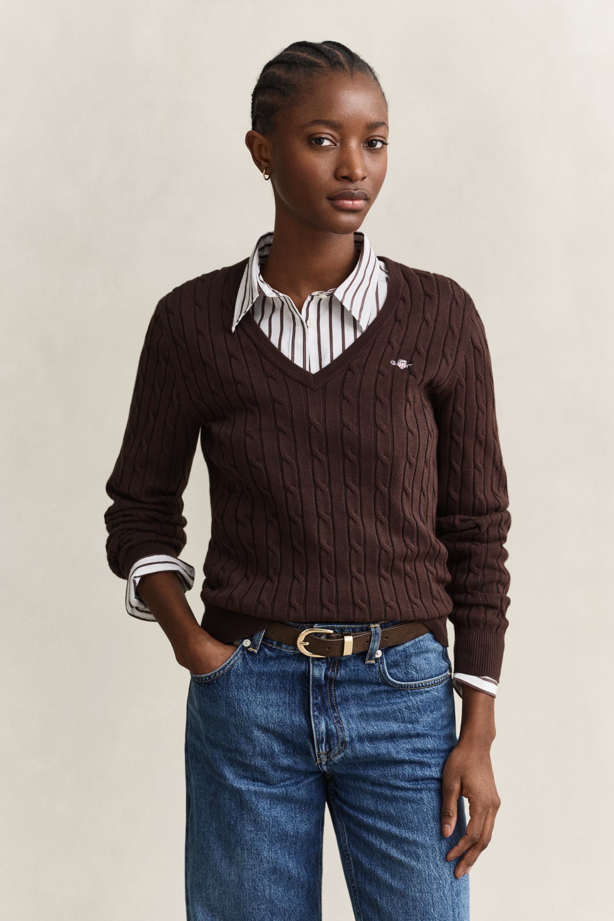 Gant Stretch Cotton Cable Knit V-neck Sweater In Brown