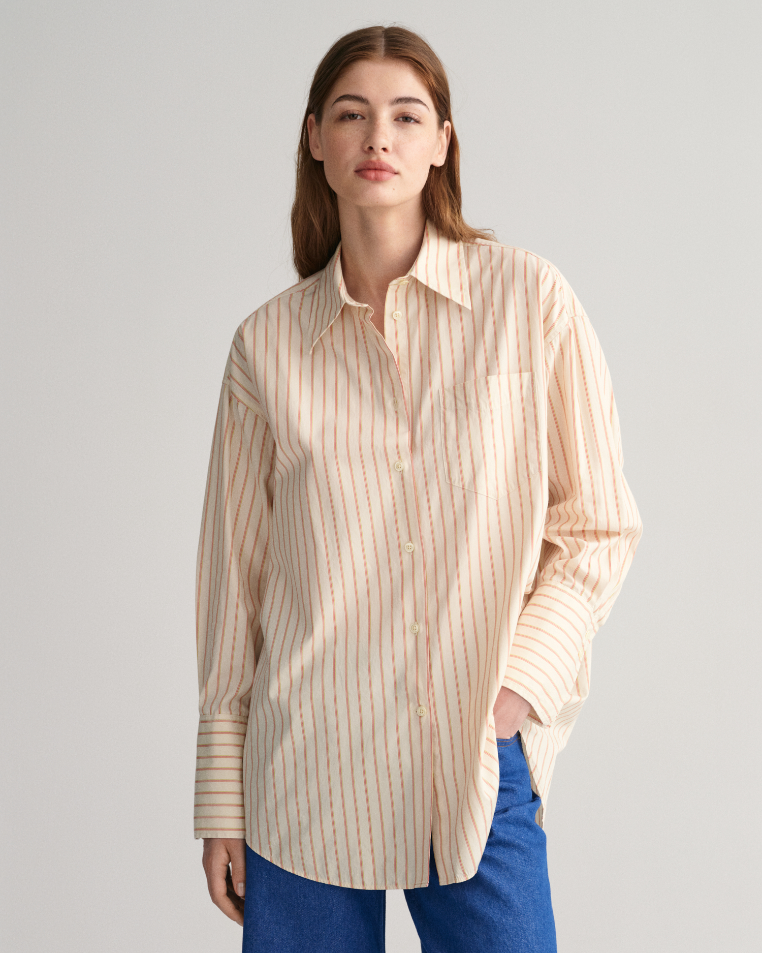 Check Stretch Cotton Oversized Shirt in Archive Beige - Women