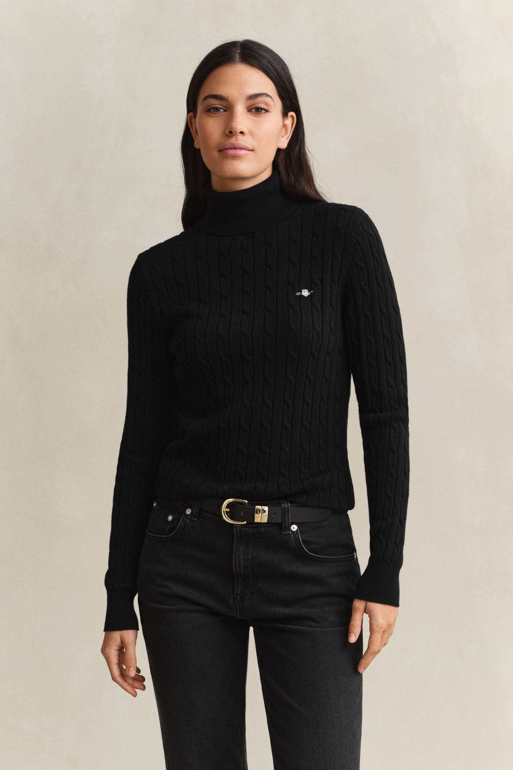 Gant Stretch Cotton Cable Knit Turtleneck Sweater In Black