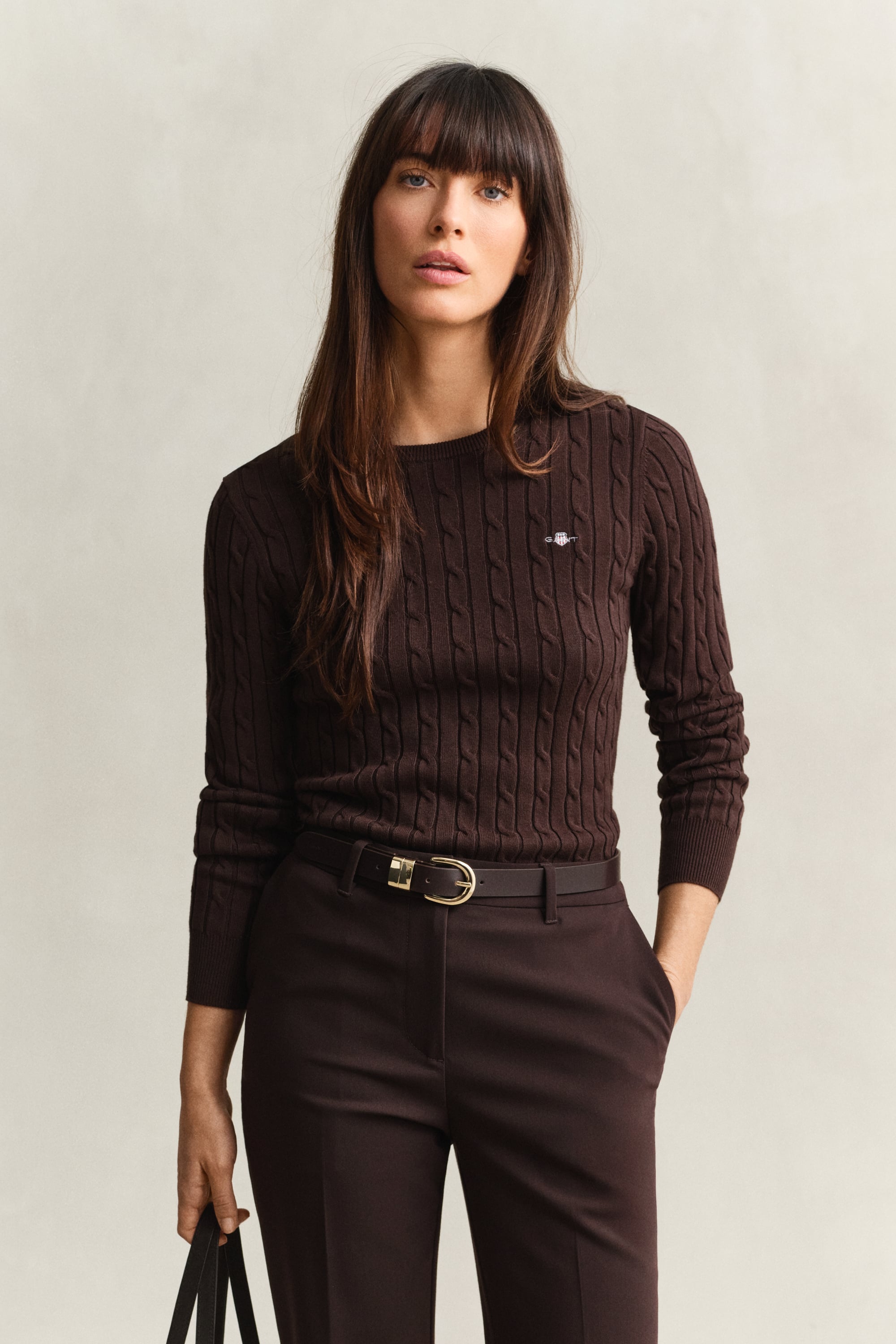 Gant Stretch Cotton Cable Knit Crew Neck Sweater In Brown