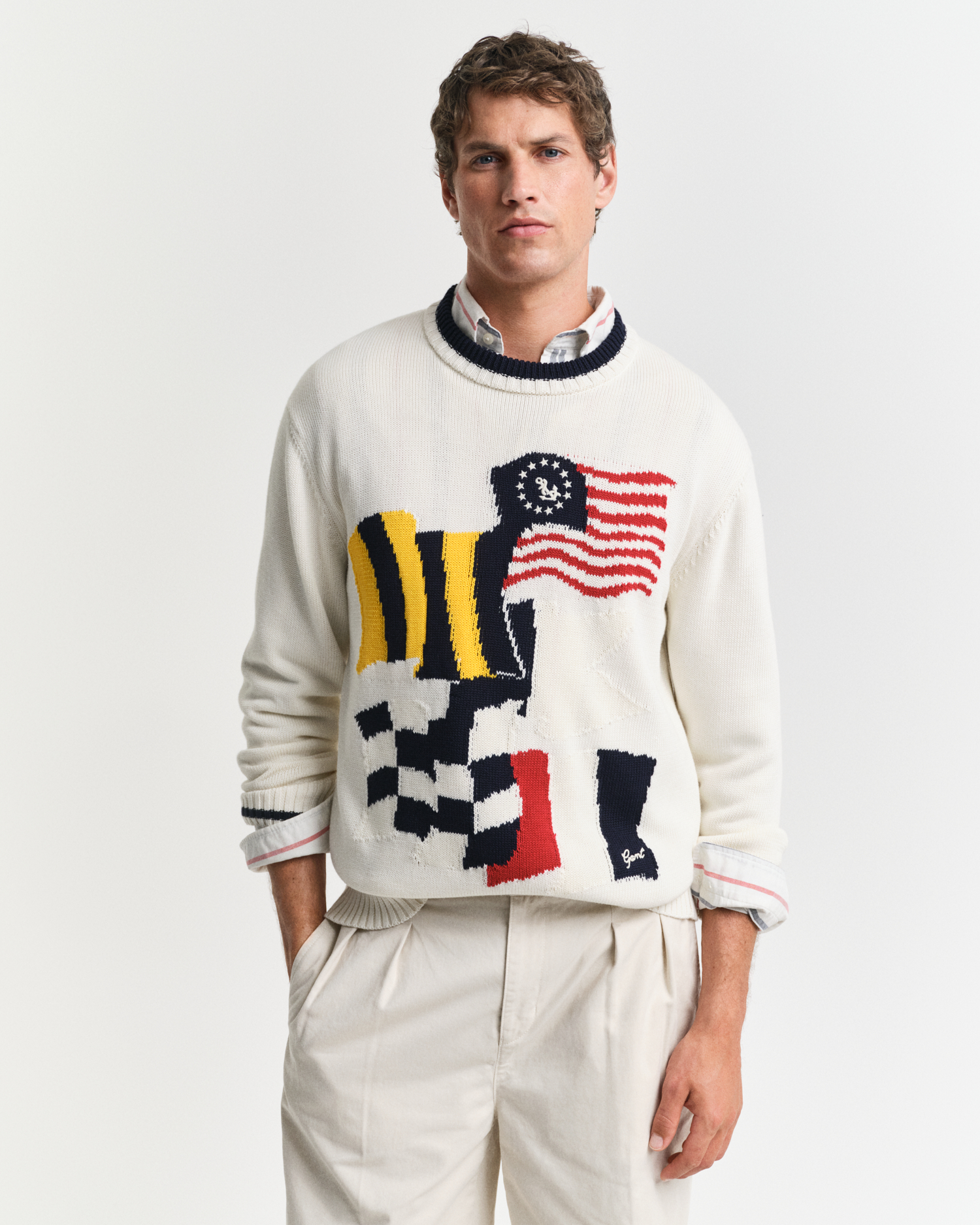 Flag Intarsia Cotton Crew Neck Sweater - GANT