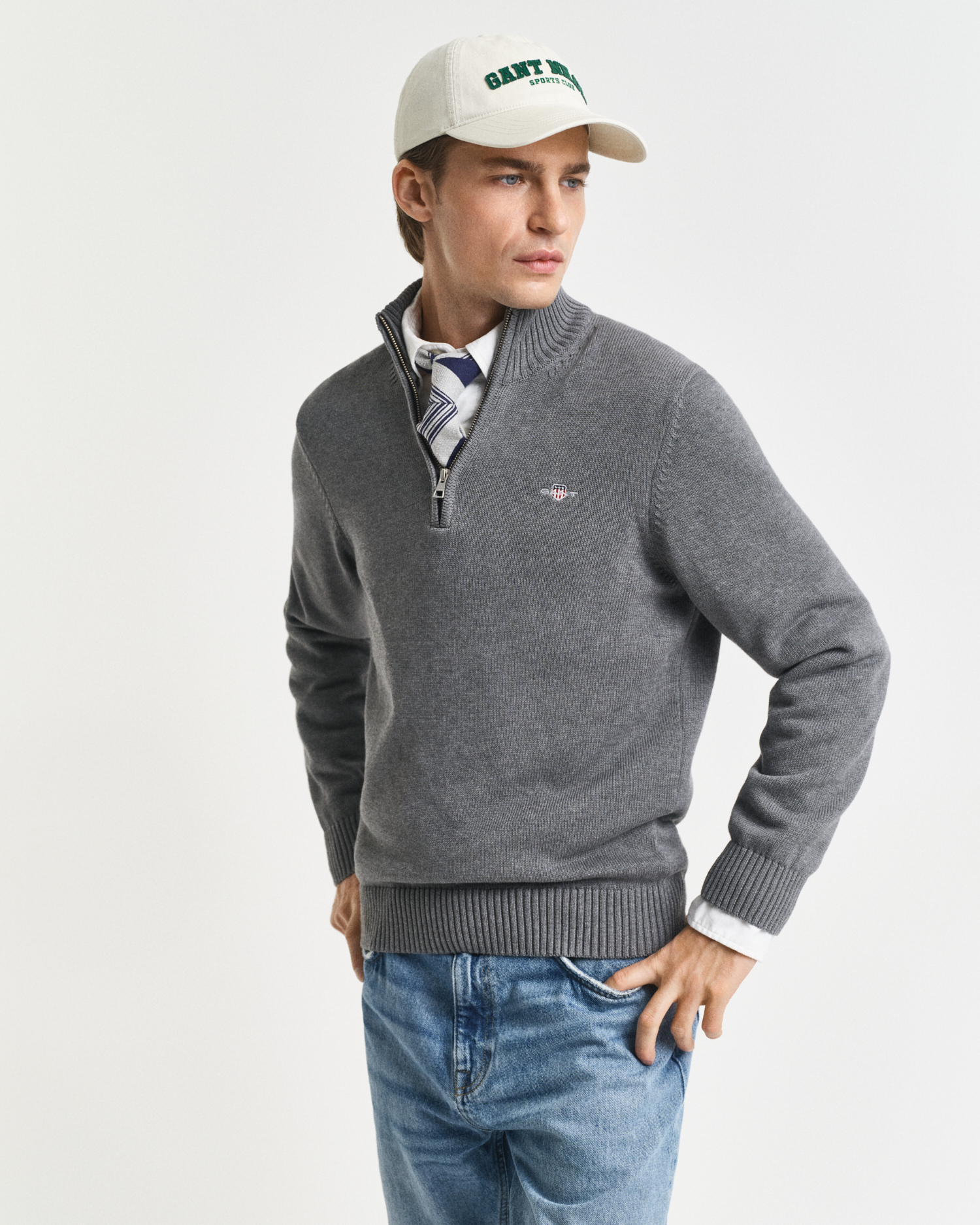 GANT Cotton Cable Half Zip Jumper in White for Men | UK
