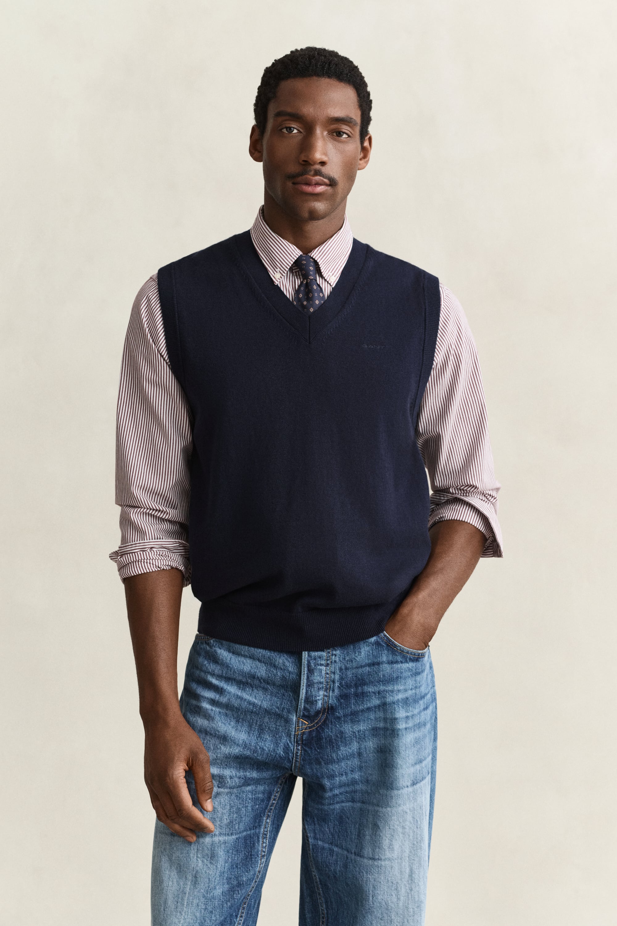 Gant Cotton Wool V-neck Vest In Evening Blue