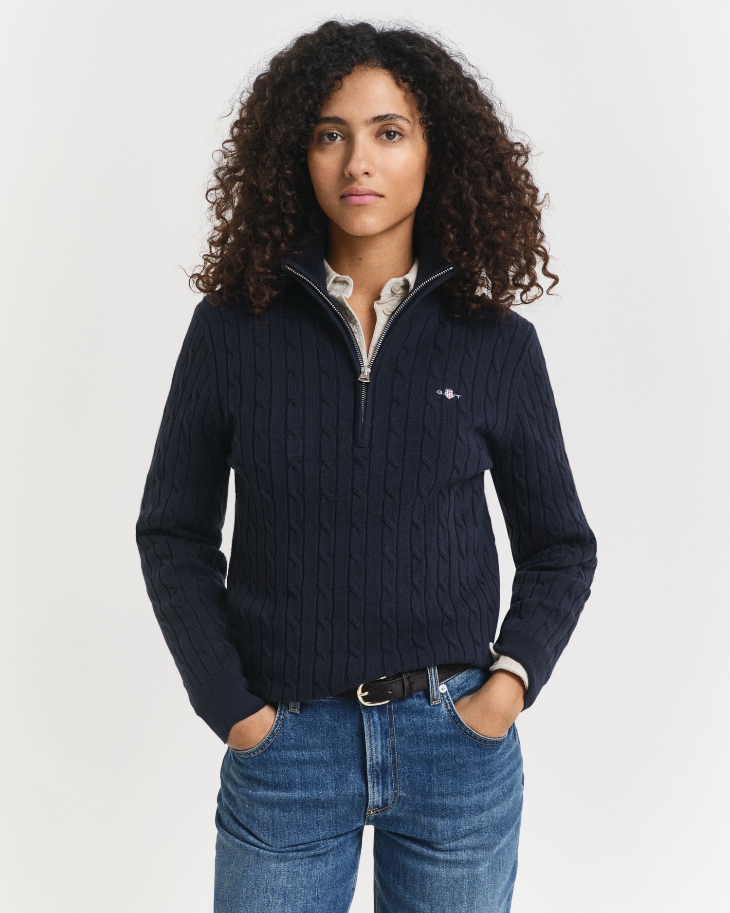 Stretch Cotton Cable Knit Half-Zip Sweater - GANT