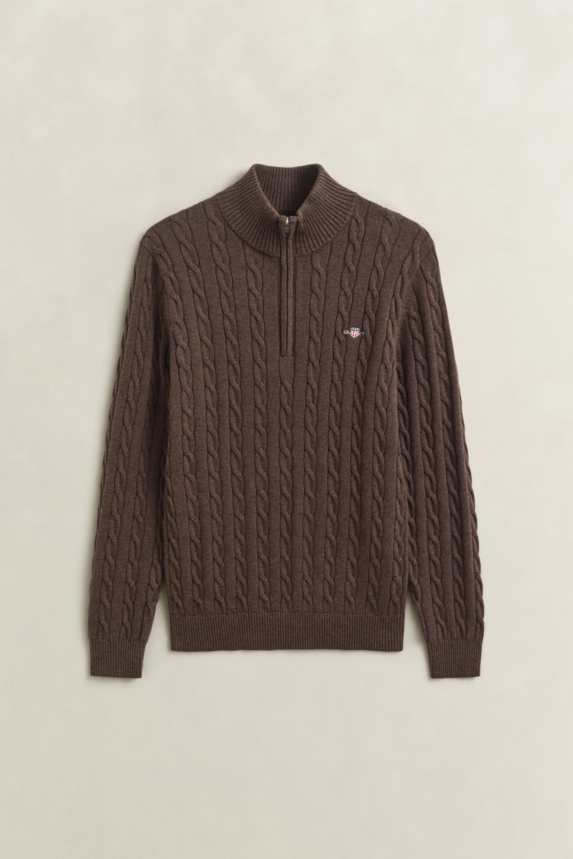 Gant Cotton Cable Knit Half-zip Sweater In Black Brown Melange